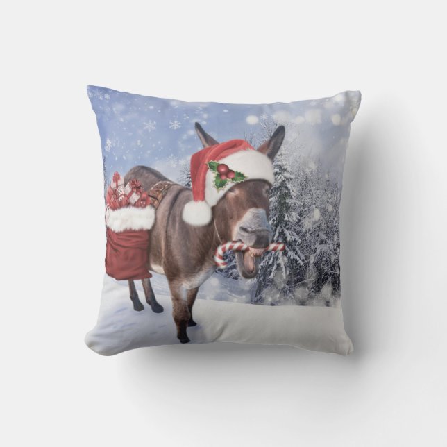 Christmas donkey with funny red hat cushion (Front)