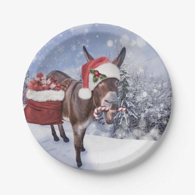 Christmas donkey with funny red hat paper plate (Front)