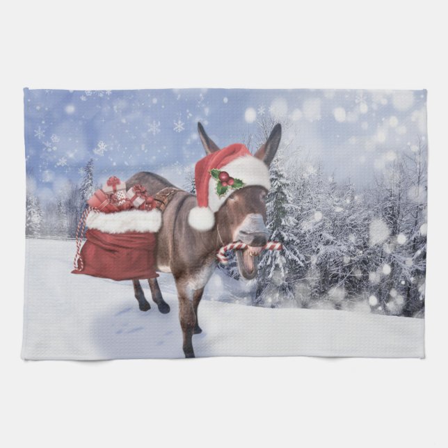 Christmas donkey with funny red hat tea towel (Horizontal)