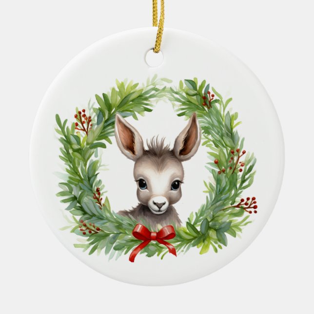 Christmas Donkey with Holiday Wreath Ceramic Ornament (Front)