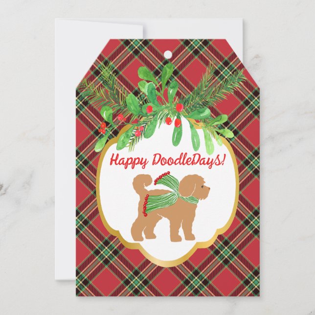 Christmas Doodle Dog Red Plaid Personalised Card (Front)