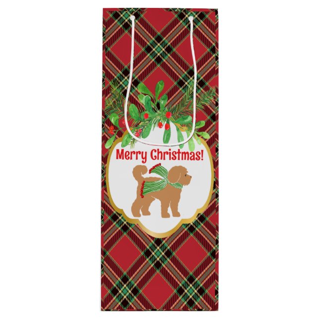 Christmas Doodle Dog Red Plaid Personalised  Wine Gift Bag (Front)