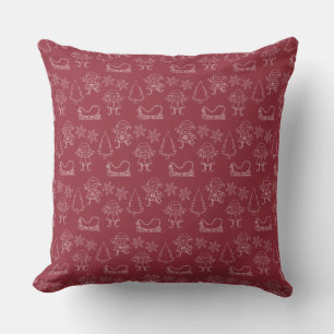 Christmas Doodle Elves & Snowflakes Dark Red Cushion