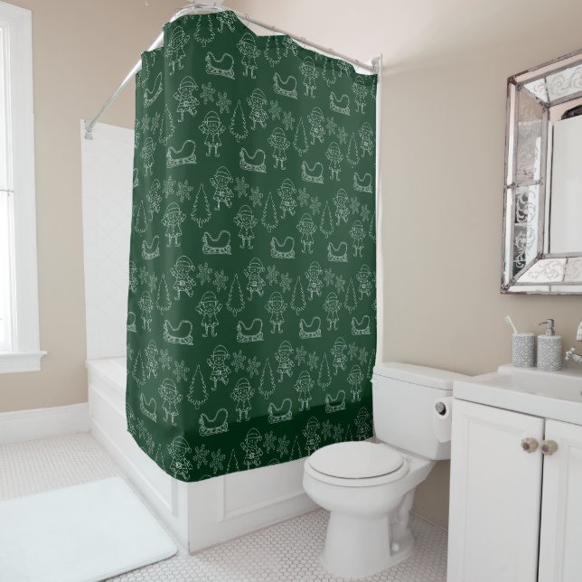 Christmas Doodle Elves & Snowflakes Pine Green Shower Curtain (In Situ)