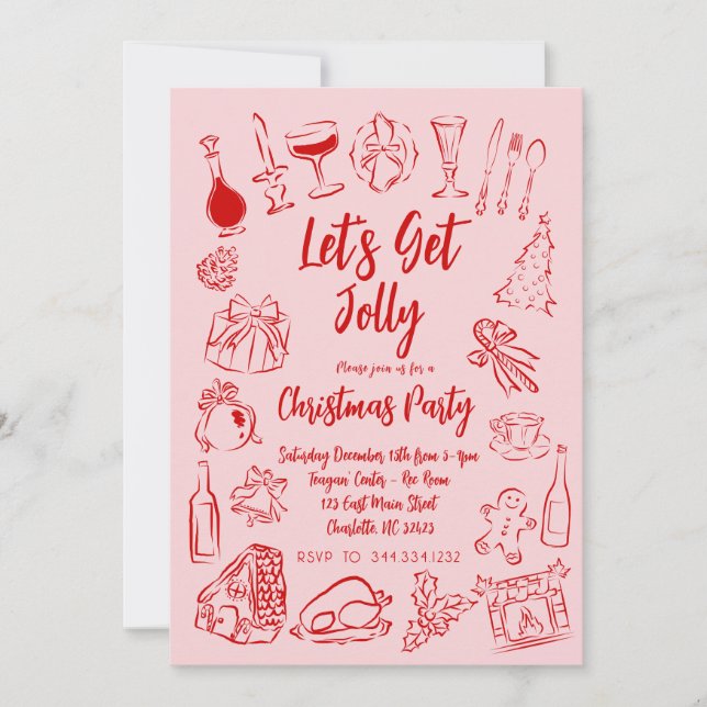 Christmas Doodle Invitation, Pink and Red Invite (Front)