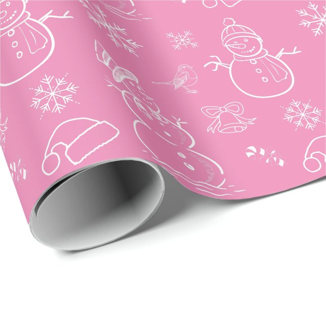 Christmas Doodle Snowman Funny Pink and White Wrapping Paper (Roll Corner)
