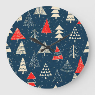 Christmas doodle trees, seamless winter pattern. large clock