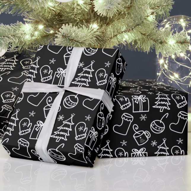 Christmas doodles Black & White Minimalist Gift Wrapping Paper (Creator Uploaded)