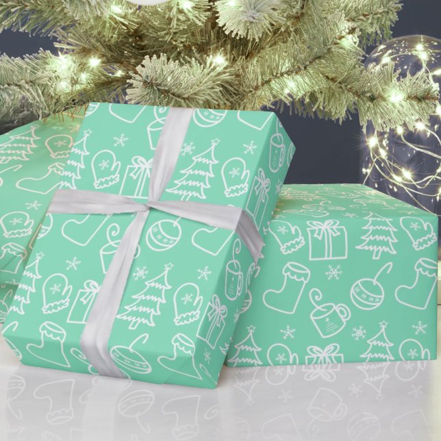 Christmas doodles Mint Sea Glass Green Gift Wrapping Paper (Creator Uploaded)