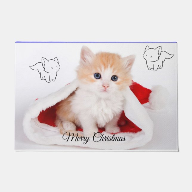 Christmas Door Mat, Merry Christmas Kitten Doormat (Front)