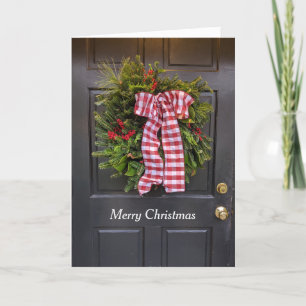 Christmas Door Wreath Bow Red Festive Holiday Card