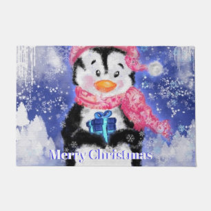 Christmas Doormat Penguin with Gift