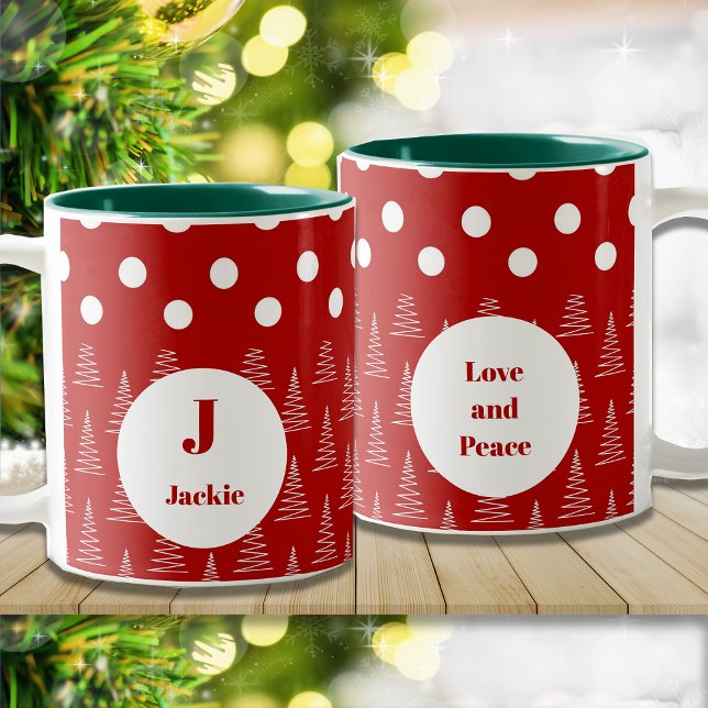 Christmas Dots & Trees Custom Name and Message Two-Tone Coffee Mug (Creator Uploaded)