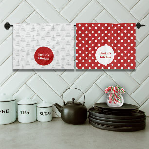 Christmas Dots & Trees Custom Name Tea Towel