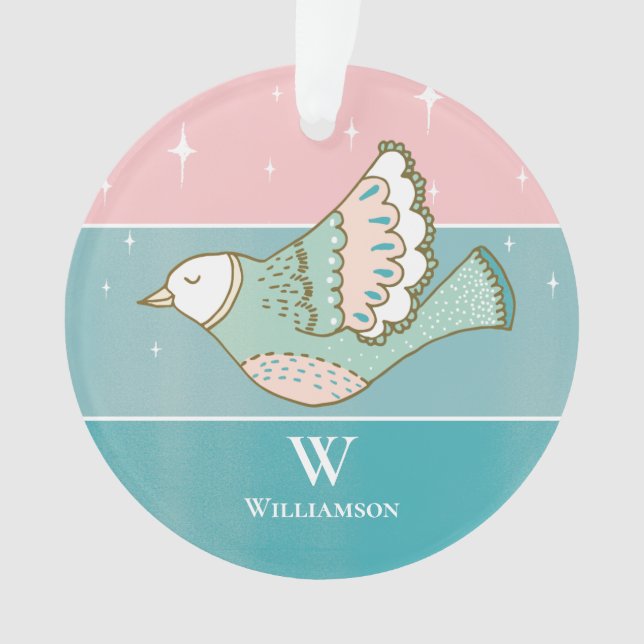 Christmas Dove Peace Love Monogram Pink Blue Ornament (Front)
