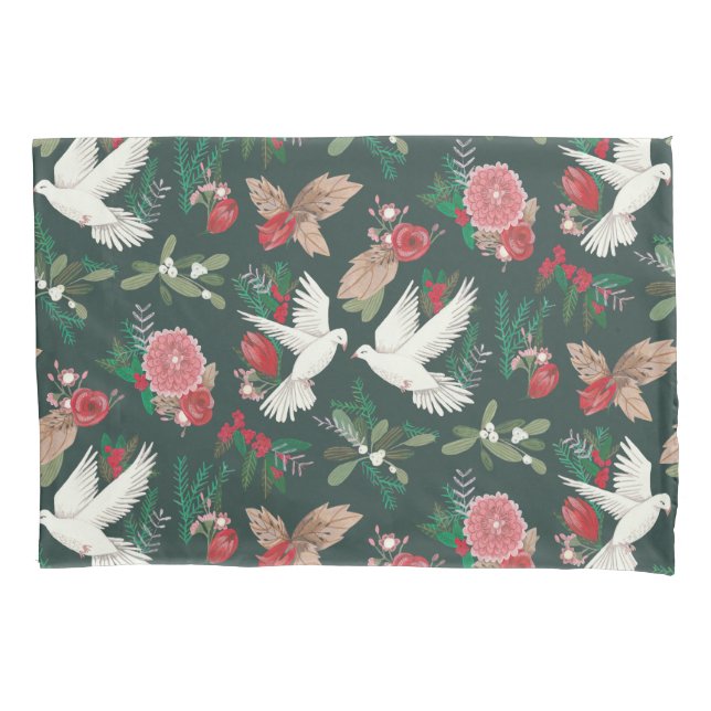 Christmas Doves Botanical Floral Pillow Case (Front)