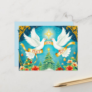 Christmas Doves, Christmas Tree, Love,Peace, Joy Postcard