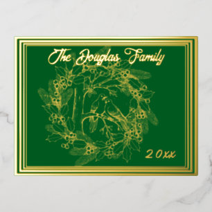 Christmas Doves, Wreath, in Gold with Green Foil Holiday Postcard