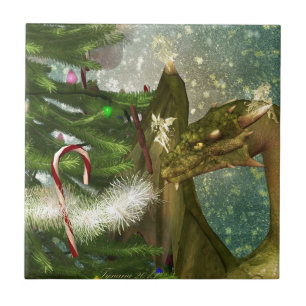 Christmas Dragon and Fairies Ceramic Tile