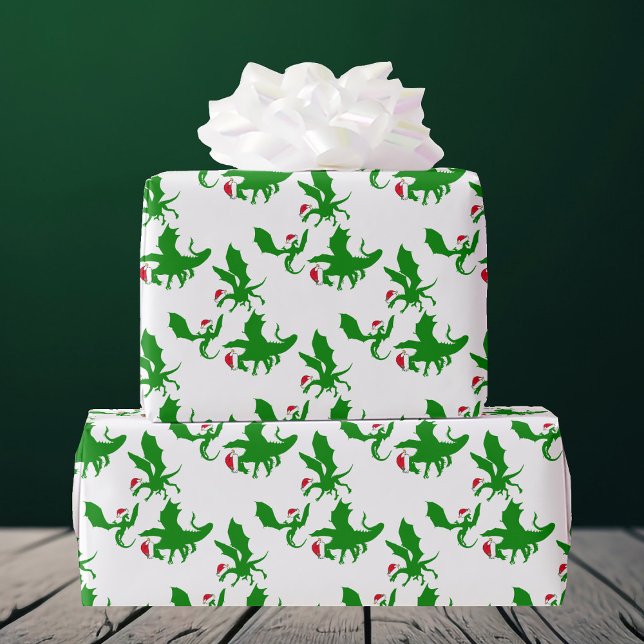 Christmas Dragon in Santa Hats Cool Fantasy Wrapping Paper (Creator Uploaded)