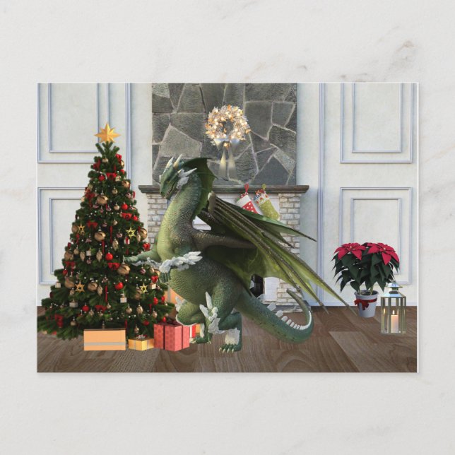 Christmas Dragon Tree Fireplace Scene  Postcard (Front)