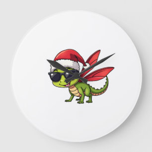 Christmas Dragonfly Santa Hat Funny Xmas Kids Large Clock