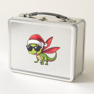 Christmas Dragonfly Santa Hat Funny Xmas Kids Metal Lunch Box