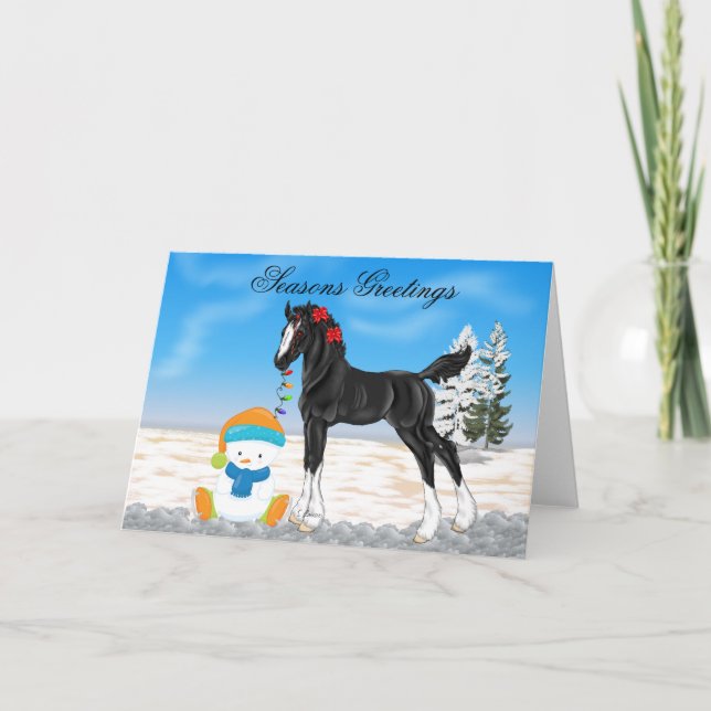 Christmas Draught   Foal and Snowman Christmas Holiday Card (Front)
