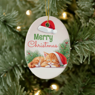 Christmas Dreams - Sleeping Kitten in Santa Hat Ceramic Ornament