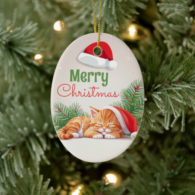 Christmas Dreams - Sleeping Kitten in Santa Hat Ceramic Ornament (Tree)