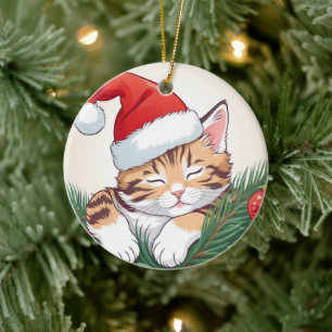 Christmas Dreams - Sleeping Kittens in Santa Hat Ceramic Ornament