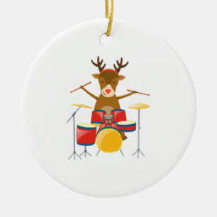 Christmas Drummer Reindeer Drum Set Holidays Ceramic Ornament
