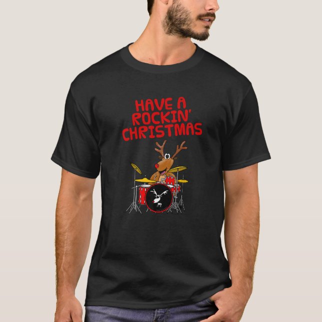 Christmas Drummer Reindeer Playing Drums Drum Teac T-Shirt (Front)