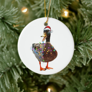 Christmas Duck with hat and lights Ceramic Ornament