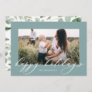 Christmas dusty blue 1 photo botanical script holiday card