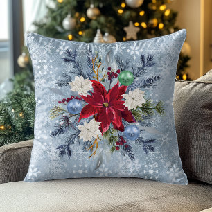 Christmas Dusty Blue Poinsettia Bouquet Cushion