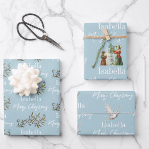 Christmas Dusty Blue Vintage Custom Name  Wrapping Paper Sheet