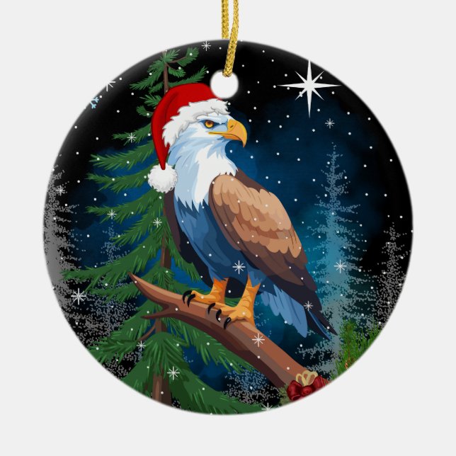 Christmas Eagle Wearing Santa Hat  Ceramic Ornament (Front)