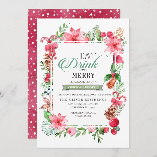 Christmas Eat Drink And Be Merry Dinner Invitation (Front/Back)