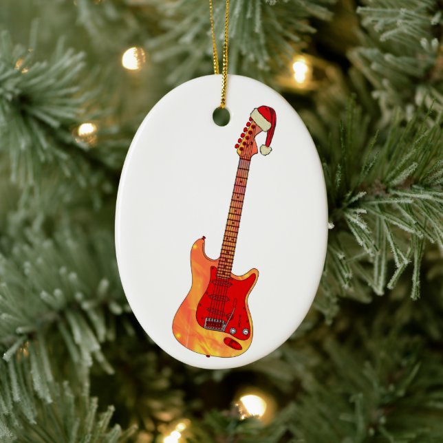 Christmas Electric Guitar Wearing a Santa Hat Ceramic Ornament (Tree)