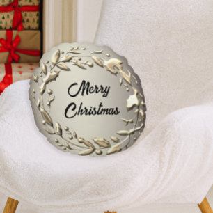 Christmas Elegance Metallic Holly Wreath Round Cushion