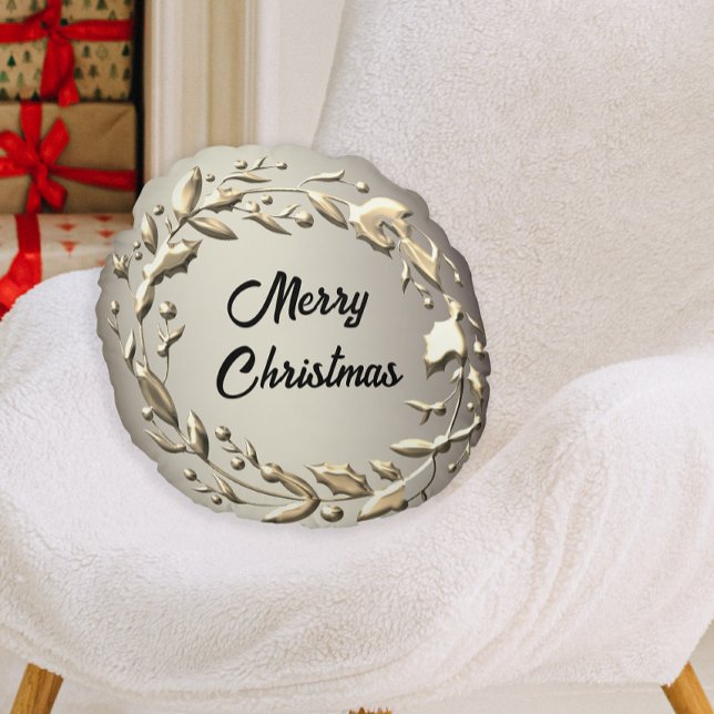 Christmas Elegance Metallic Holly Wreath Round Cushion (Creator Uploaded)