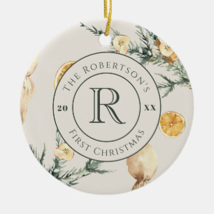 Christmas Elegance: Monogrammed Newlywed Ceramic Ornament