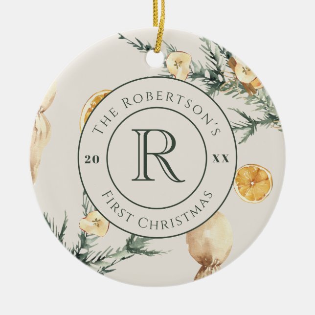 Christmas Elegance: Monogrammed Newlywed Ceramic Ornament (Front)