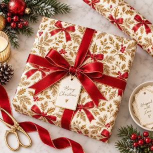 Christmas Elegance Red Satin Bows & Golden Holly Wrapping Paper