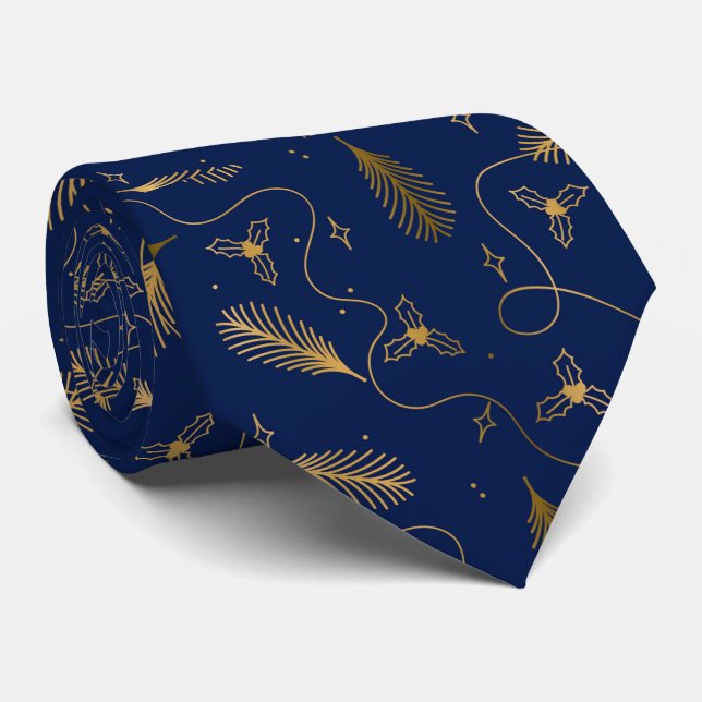  Christmas Elegant Blue and Gold pattern Tie (Rolled)
