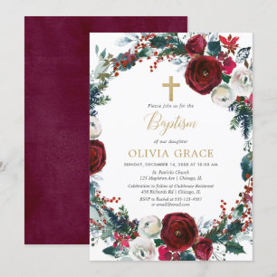 Christmas elegant burgundy gold girl baptism invitation