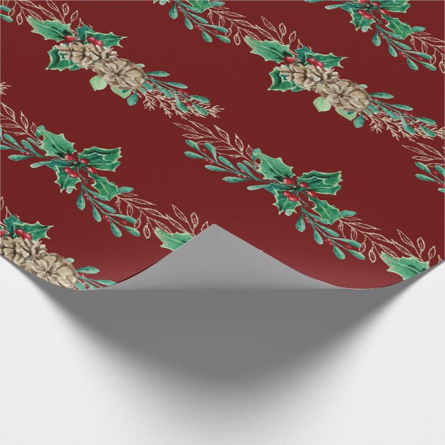 Christmas Elegant Burgundy Gold Holly Berries Wrapping Paper (Corner)