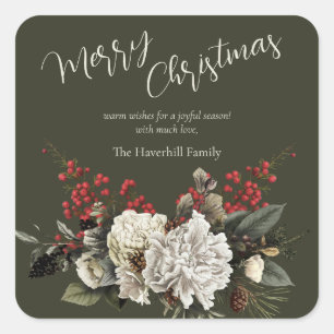 Christmas Elegant Floral Modern Script Family Name Square Sticker