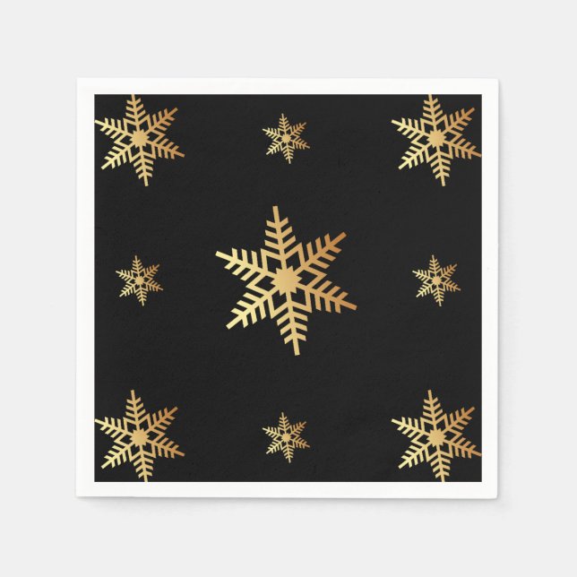 Christmas Elegant Gold Snowflakes On Black Napkin (Front)